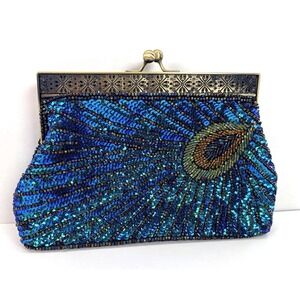 Evening Bag Clutch Designer Peacock Sequin Wedding Party Handbag Two Chains EUC